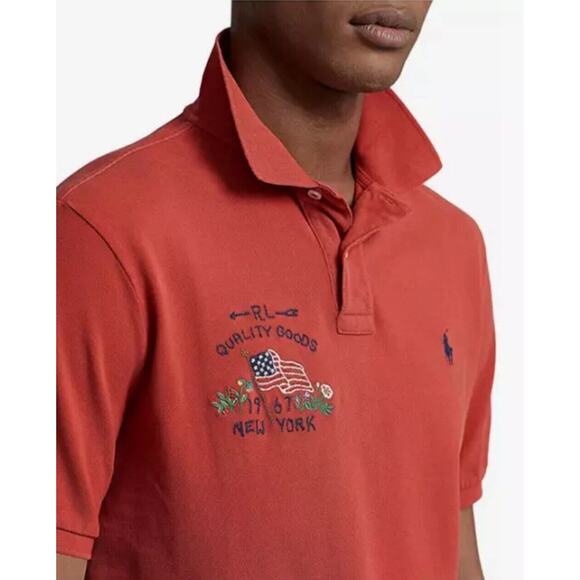 Polo Ralph Lauren Classic Fit Flag Mesh Polo Shirt Evening Post, Red Orange XL - Picture 1 of 7